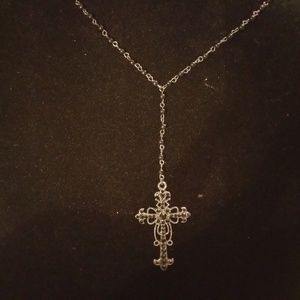 Silver Cross Necklace w/ Black Gems